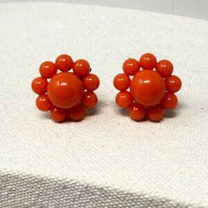 Vintage Cluster Bead Earrings Orange Flower Screw Back‎ Retro
